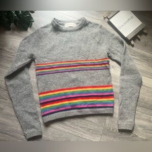 Vintage 70s 80s Jones New York Gray Wool Sweater w Colorful Rainbow Stripes Sz S